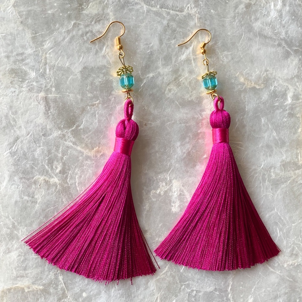 NEW Tassel Earrings Handmade Fuschia Pink & Gold